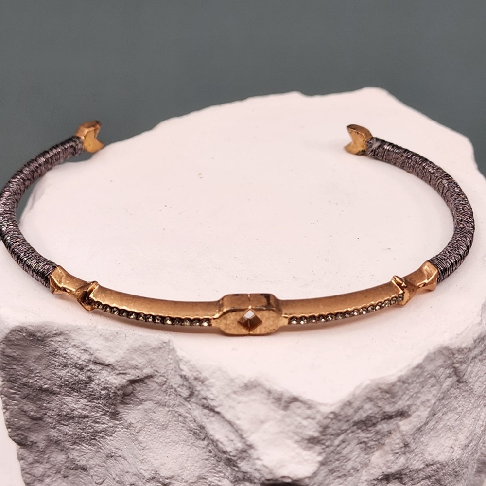 Stella & Dot Gold Tone Rhinestone Open Cuff Bracelet Gunmetal Wrapped Modern